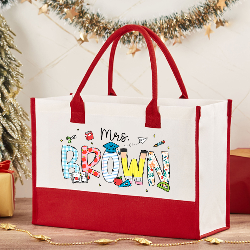 Personalized Name Cartoon Stationery Teacher Cotton Tote Bag