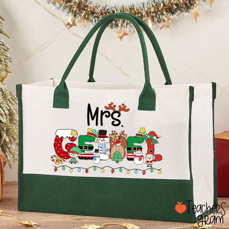 Personalized Name Christmas Lights Teacher Cotton Tote Bag