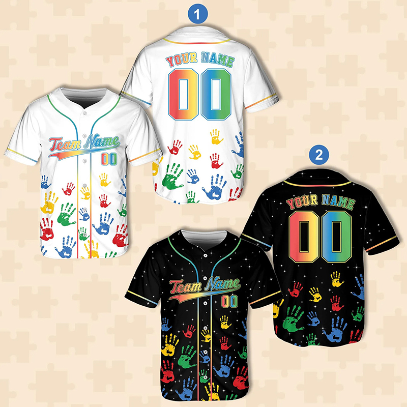 Personalized Rainbow Handprint Autism Awareness Teacher Baseball Jersey