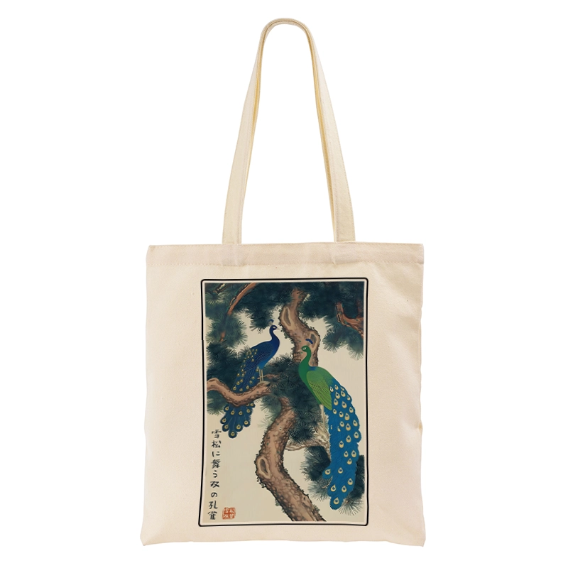 Tokyo-Tiger Peacocks in Snowy Pines Tote Bag