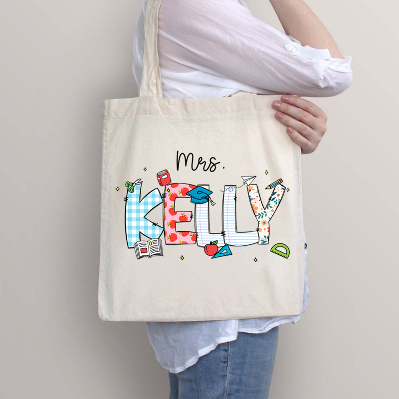 Personalized Name Cartoon Stationery Teacher Tote Bag