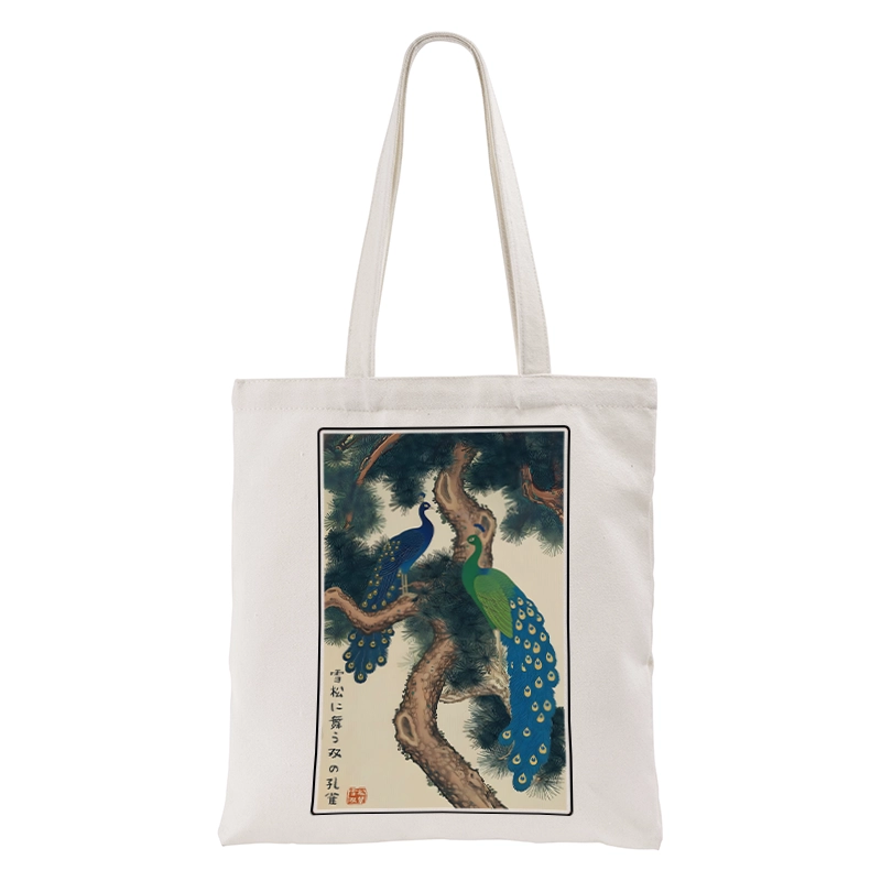 Tokyo-Tiger Peacocks in Snowy Pines Tote Bag