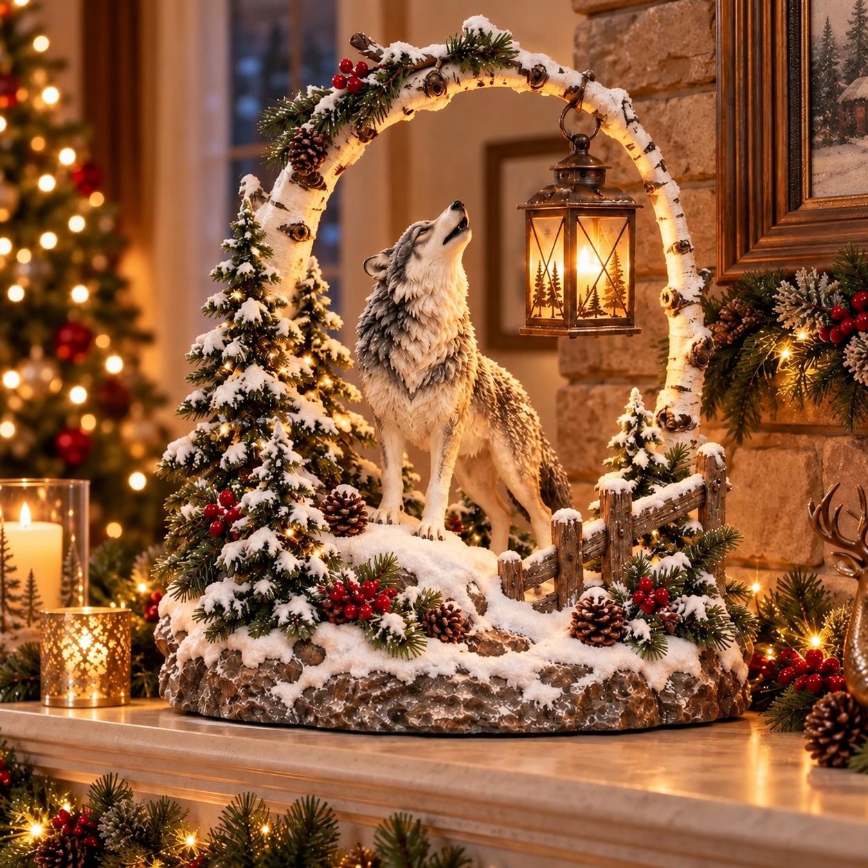 🦬 Highland Cow Christmas Woodland Lantern Decor 🎄 – Rustic Lighted Farmhouse Winter Tabletop Decoration 🎁