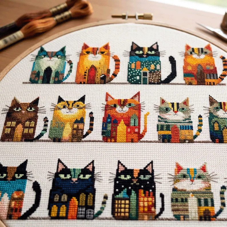 Whimsical Cat Houses Cross Stitch Kit