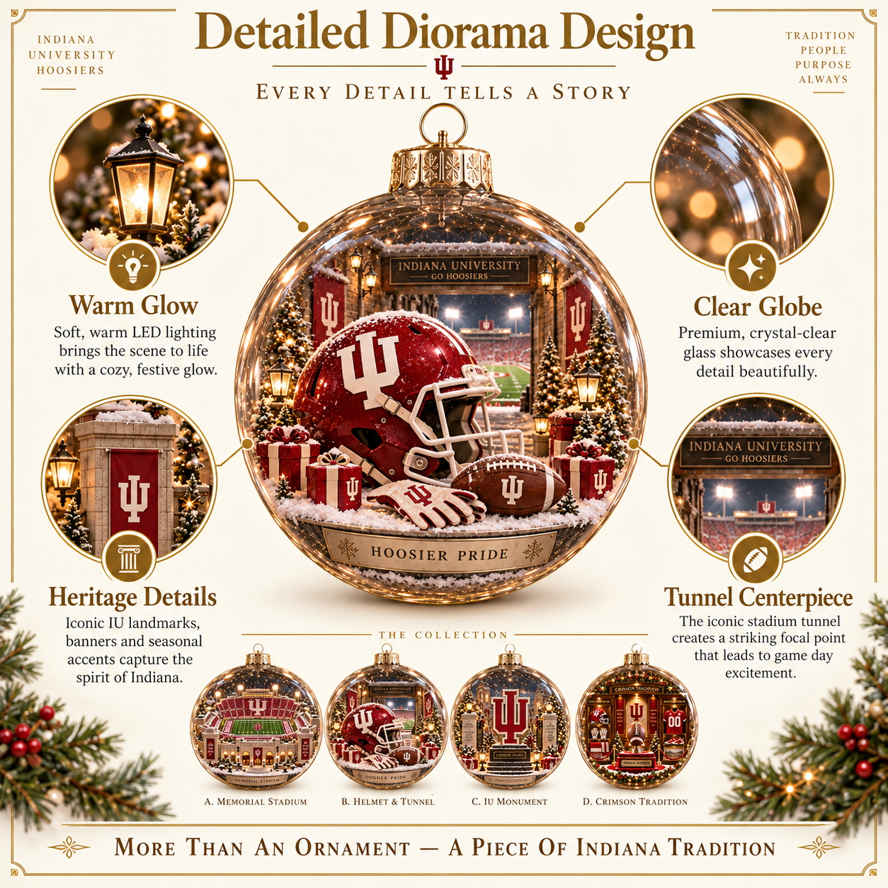 🎄 Go Hoosiers — Light-Up College Football Diorama Ornament