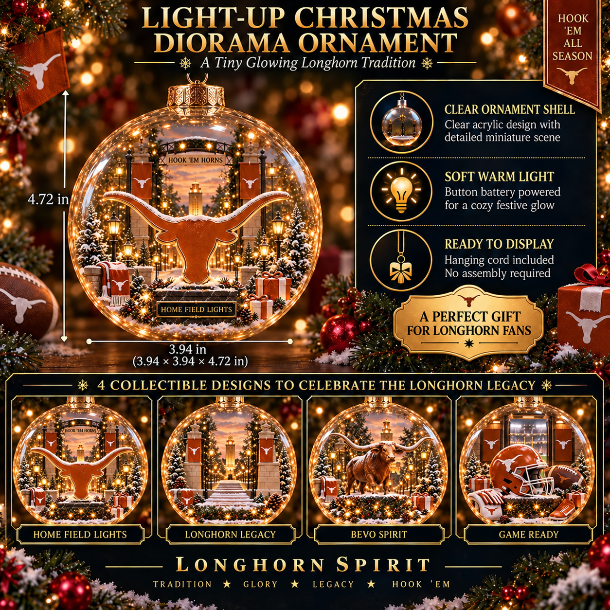 🏈🎄 Hook ’Em – Light-Up College Football Heritage Christmas Ornament