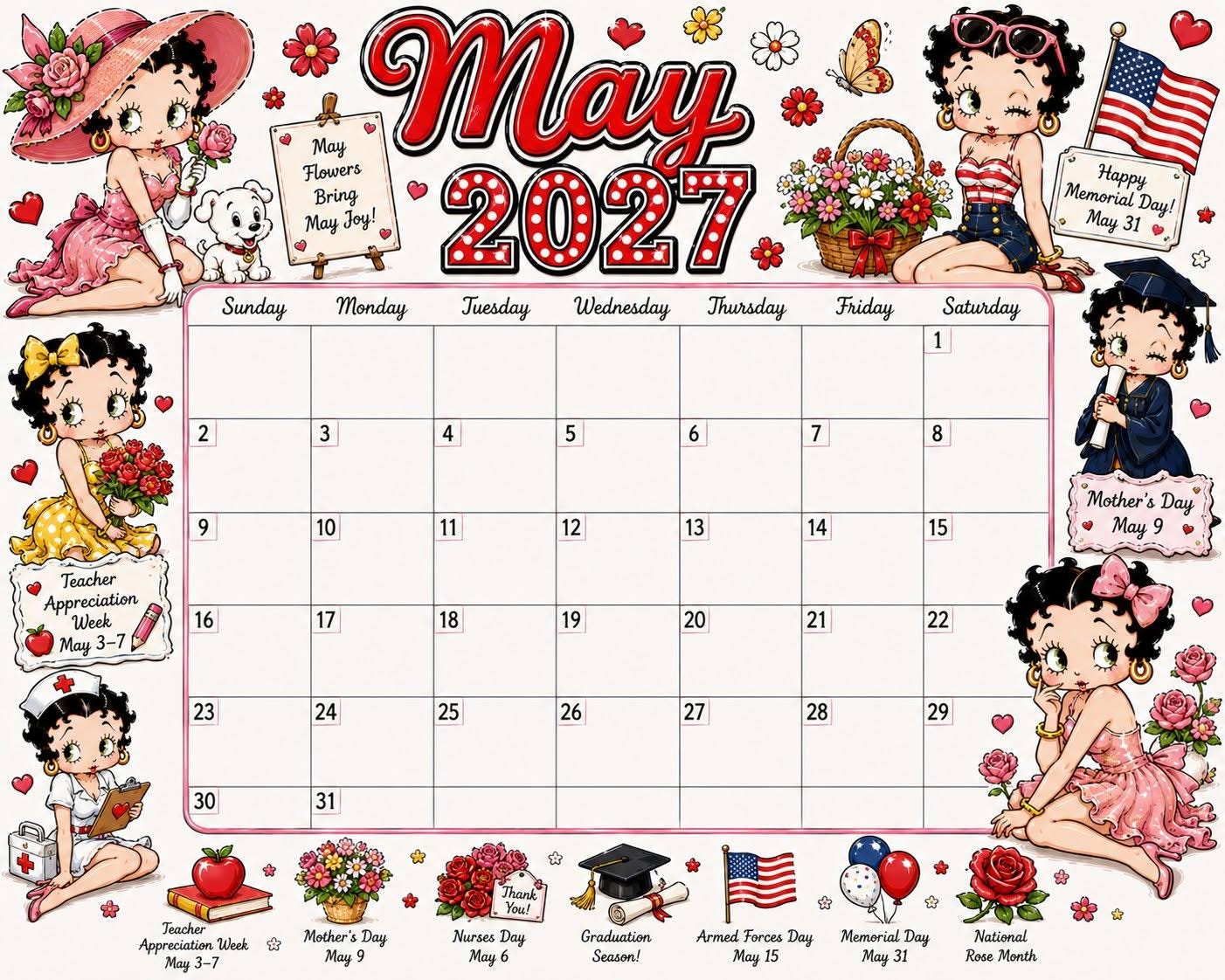 🎀 2027 Vintage Cartoon Wall Calendar