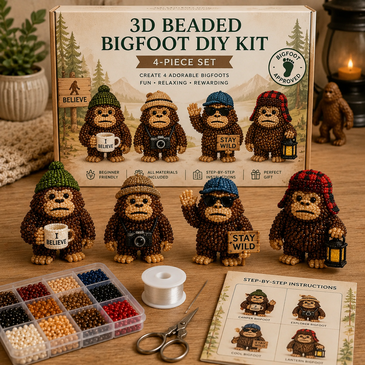 3D Beaded Bigfoot DIY Kit – Collectible Bigfoot Craft Set (4-Piece Series Collection)