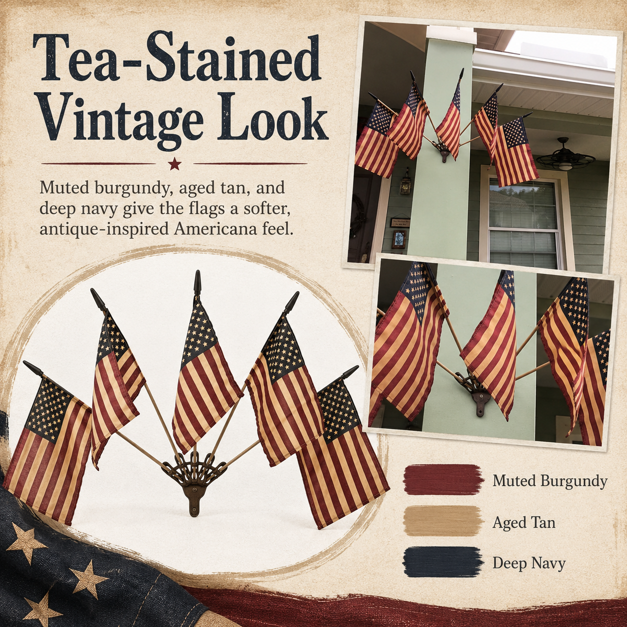Five Tea-Stained Flags In A Rustic Cast Iron Wall Display