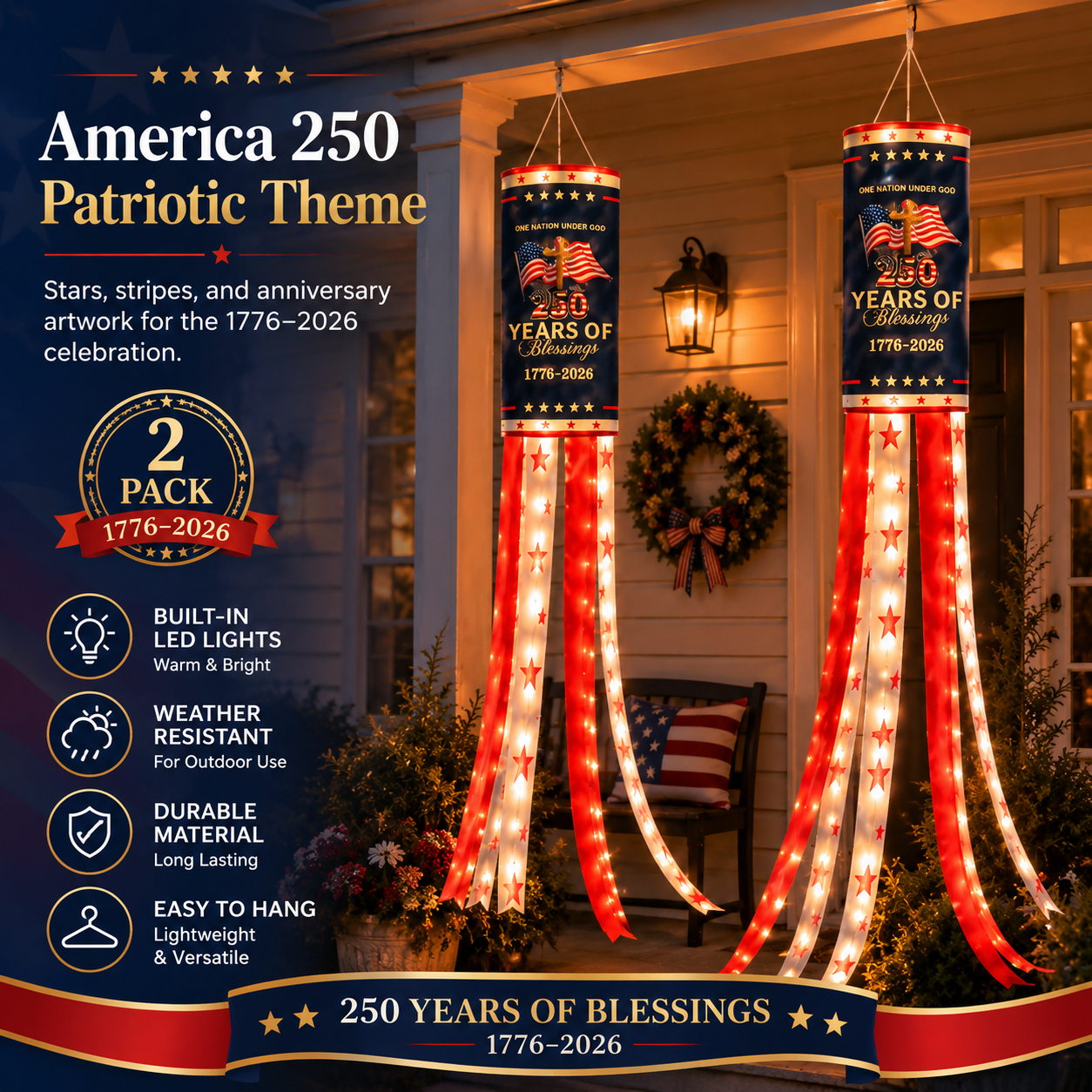 2-Pack Remote-Controlled Light-Up America 250 Patriotic Windsock Decorations