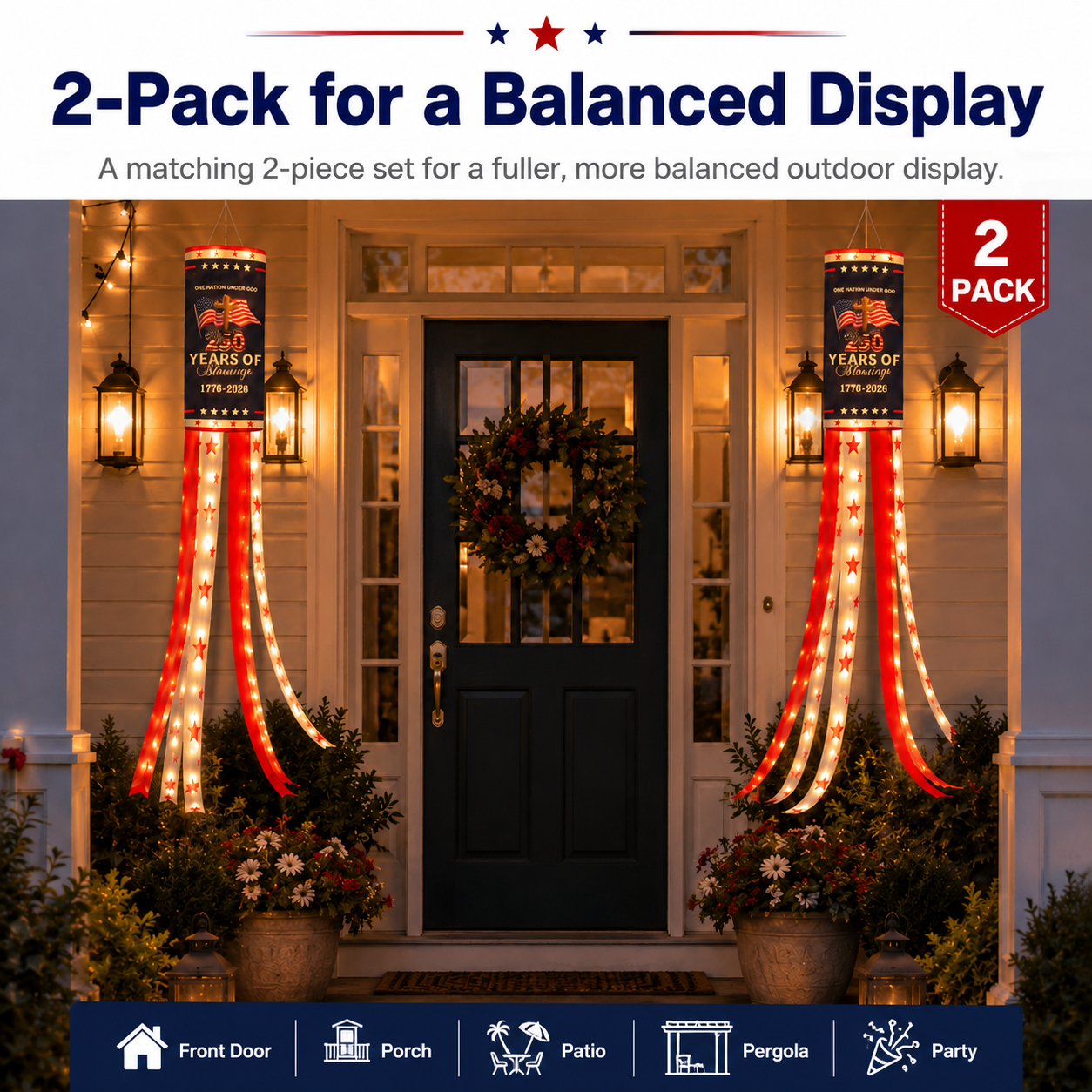 2-Pack Remote-Controlled Light-Up America 250 Patriotic Windsock Decorations