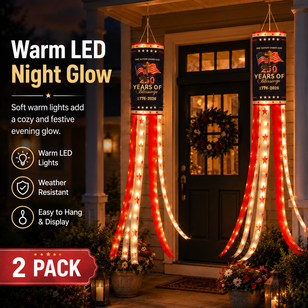 2-Pack Remote-Controlled Light-Up America 250 Patriotic Windsock Decorations