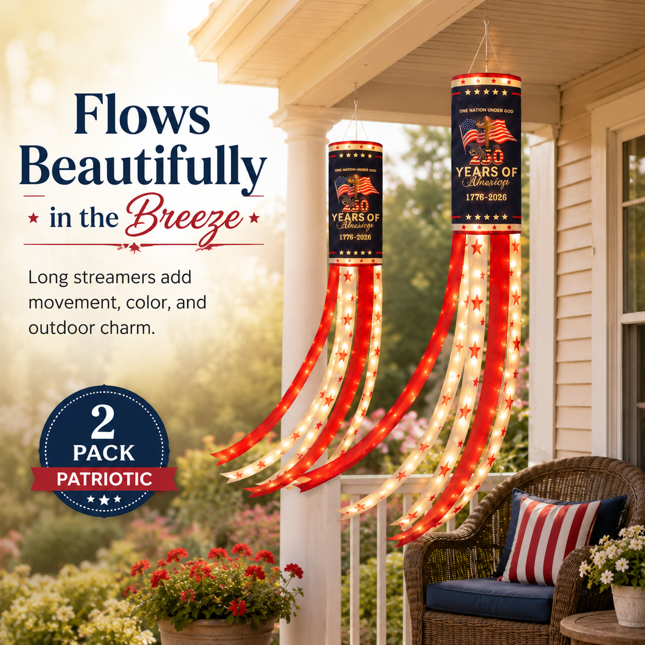 2-Pack Remote-Controlled Light-Up America 250 Patriotic Windsock Decorations