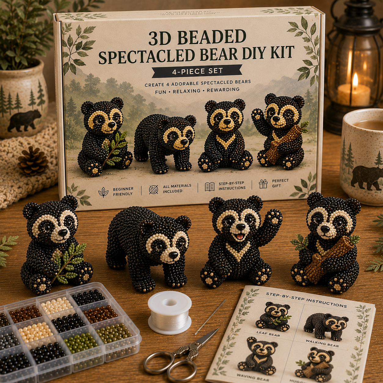 3D Beaded Bear DIY Kit – 4-Piece Handmade Bear Craft Set