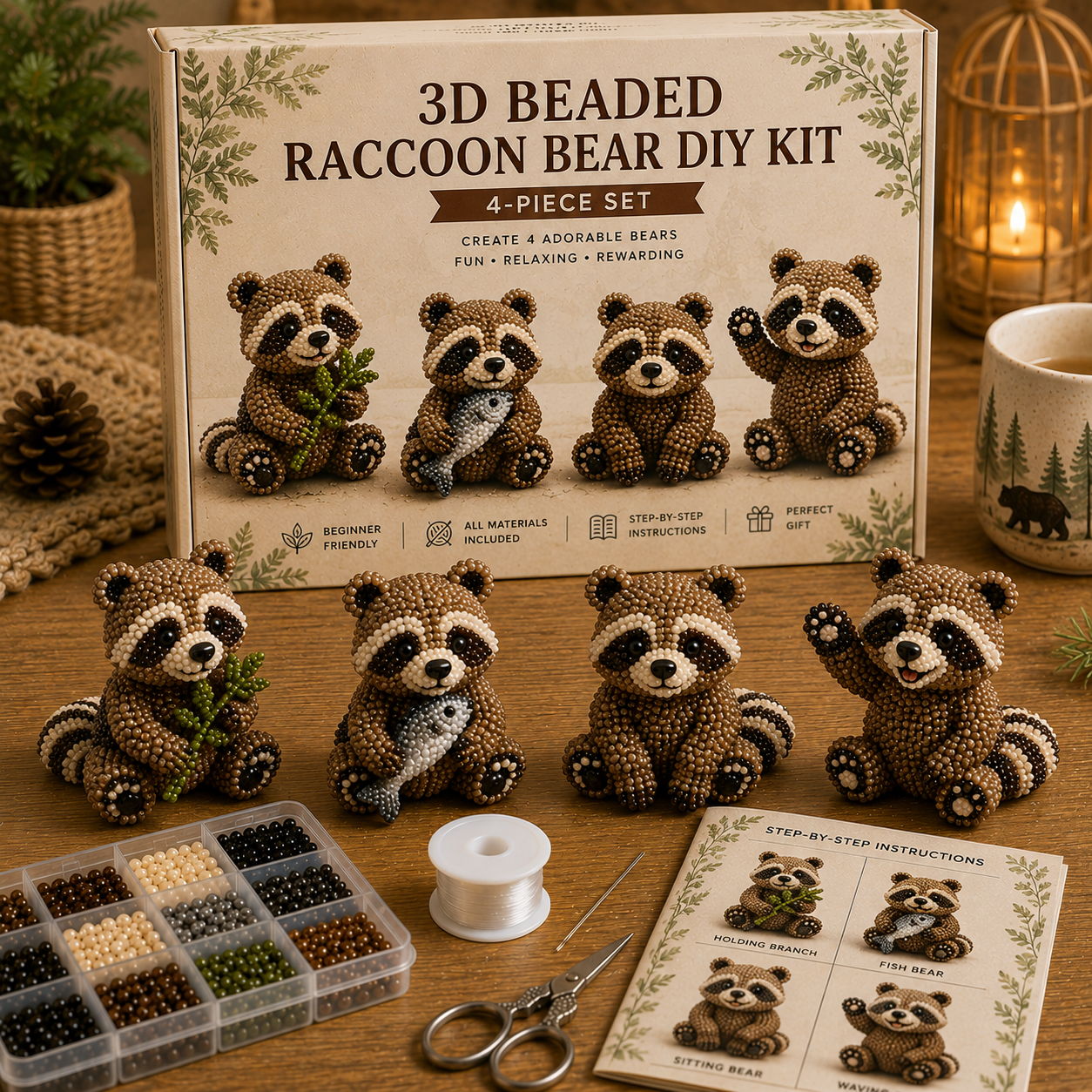 3D Beaded Bear DIY Kit – 4-Piece Handmade Bear Craft Set