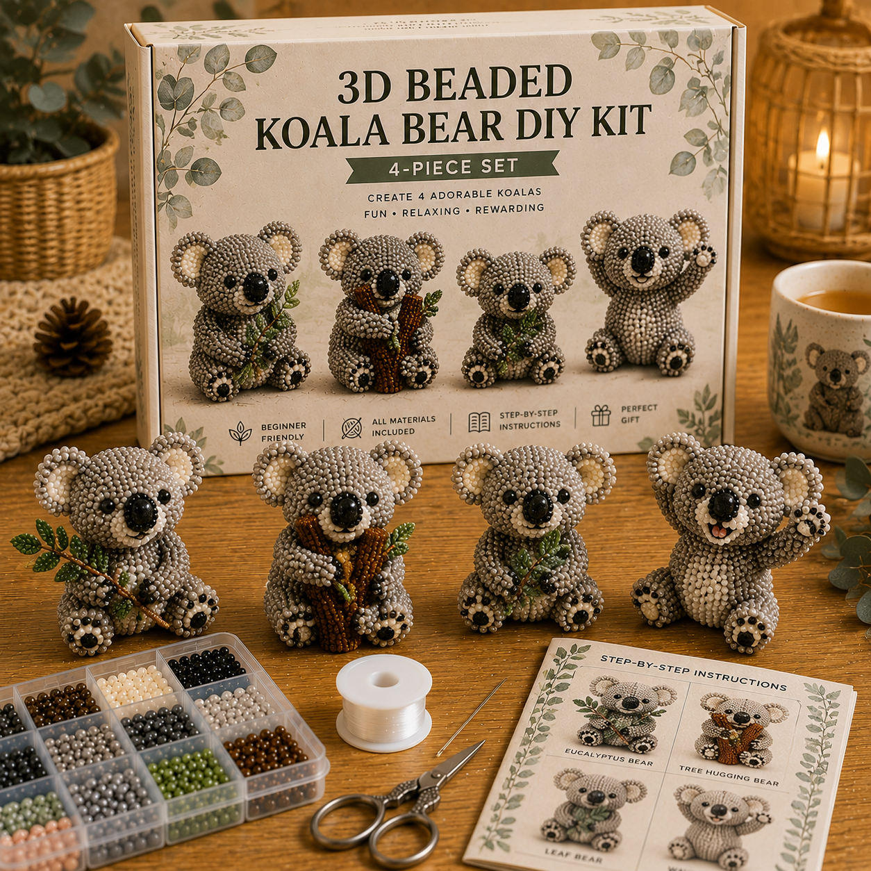 3D Beaded Bear DIY Kit – 4-Piece Handmade Bear Craft Set