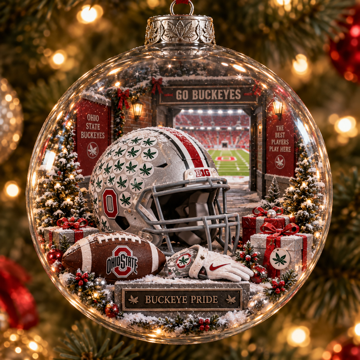 🎄 Scarlet & Gray Forever — Light-Up College Football Diorama Ornament