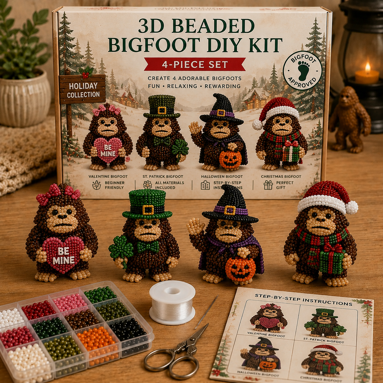 3D Beaded Bigfoot DIY Kit – Collectible Bigfoot Craft Set (4-Piece Series Collection)