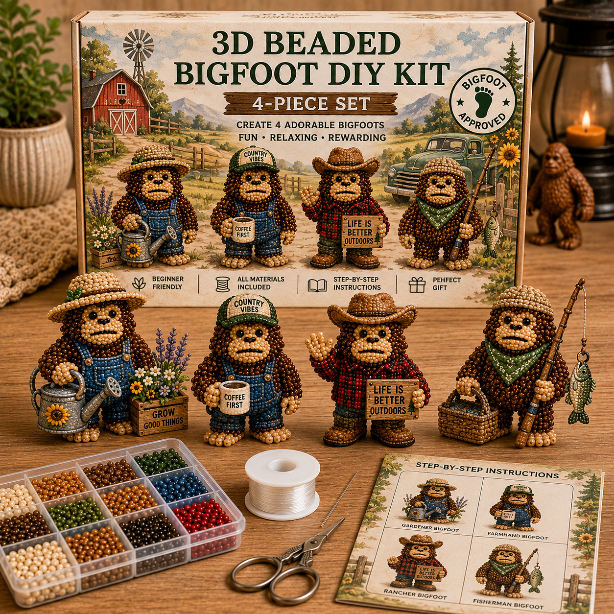 3D Beaded Bigfoot DIY Kit – Collectible Bigfoot Craft Set (4-Piece Series Collection)