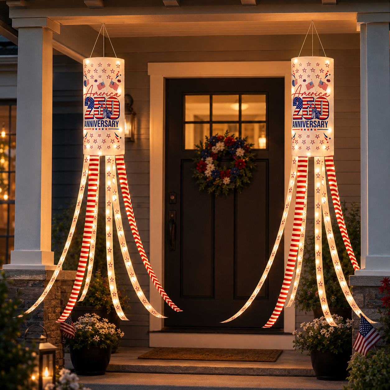2-Pack Remote-Controlled Light-Up America 250 Patriotic Windsock Decorations
