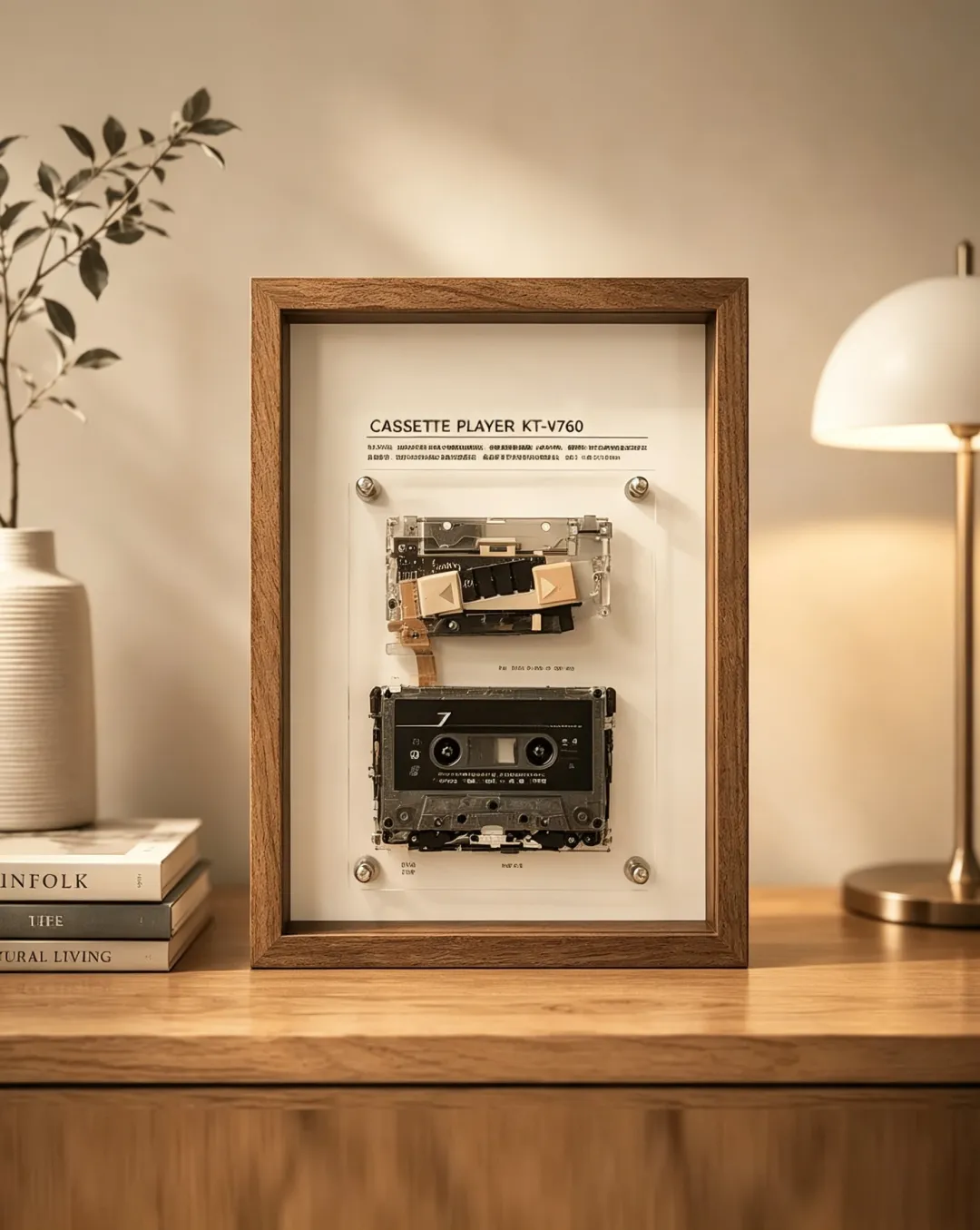 Vintage Cassette Player Frame with Functional Tape Playback & Retro Wall Art Design