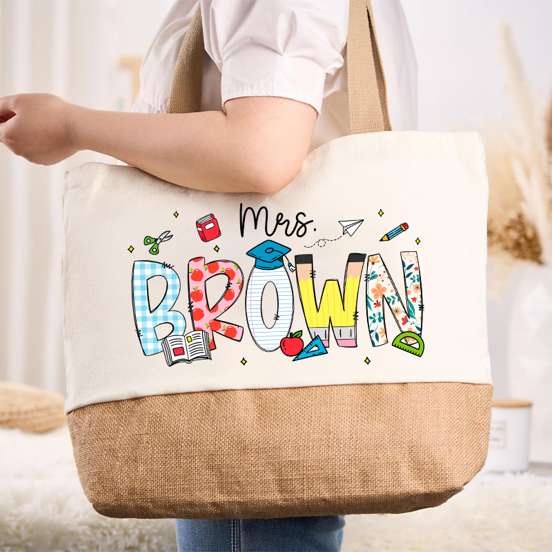 Personalized Name Cartoon Stationery Teacher Canvas Tote Bag
