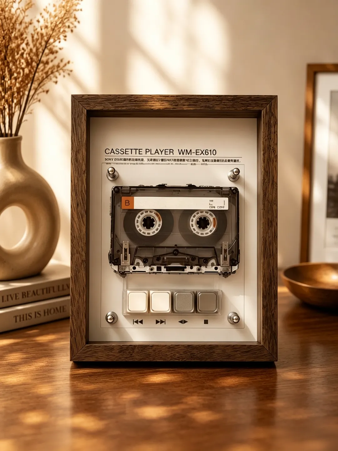 Vintage Cassette Player Frame with Functional Tape Playback & Retro Wall Art Design