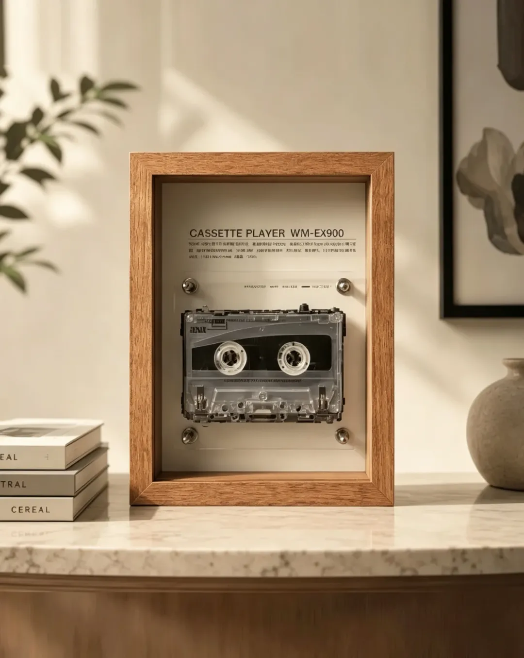 Vintage Cassette Player Frame with Functional Tape Playback & Retro Wall Art Design
