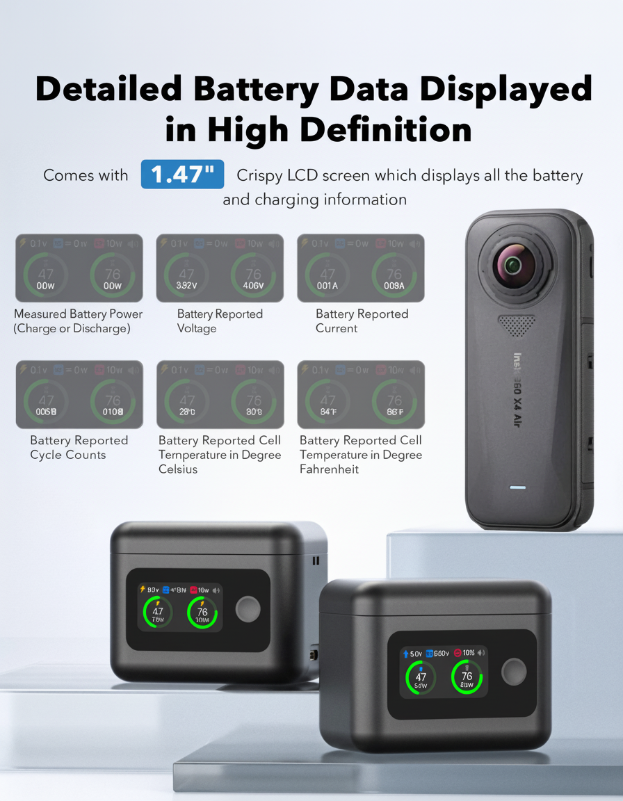 YATEOO X4 Air Batteries(2 Packs) with Fast Charge Hub 27W Dual Fast Charging Case w/LCD Display, Intelligent Two Way Charger Hub for Insta360 X4 Air,Shows Battery SOC