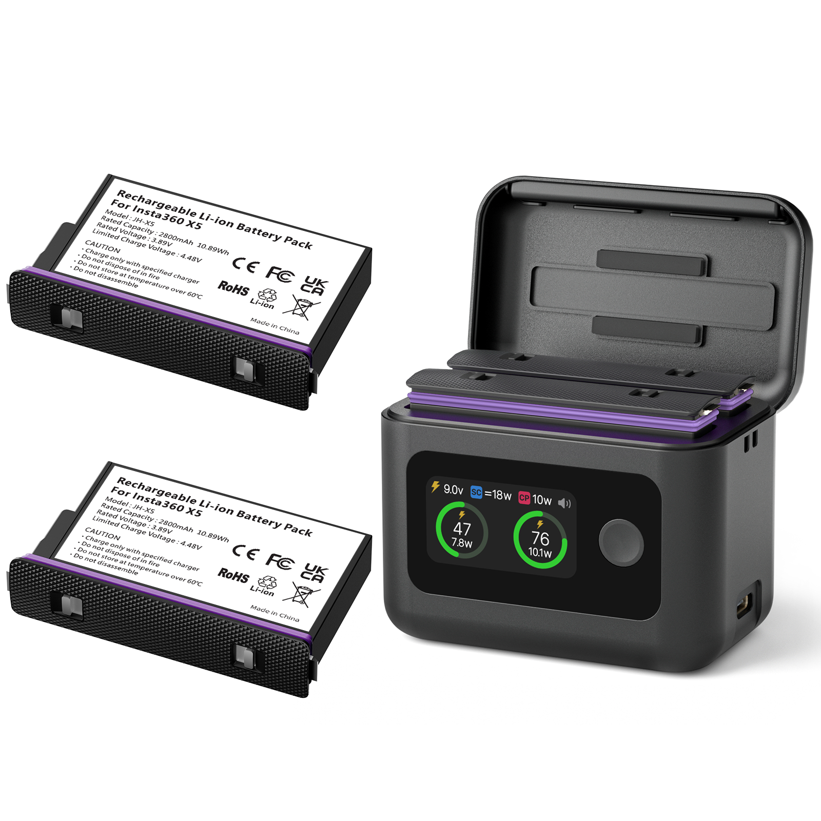 YATEOO X5 Batteries(2 Packs) with Fast Charge Hub 27W Dual Fast Charging Case w/LCD Display, Intelligent Two Way Charger Hub for Insta360 X5,Shows Battery SOC