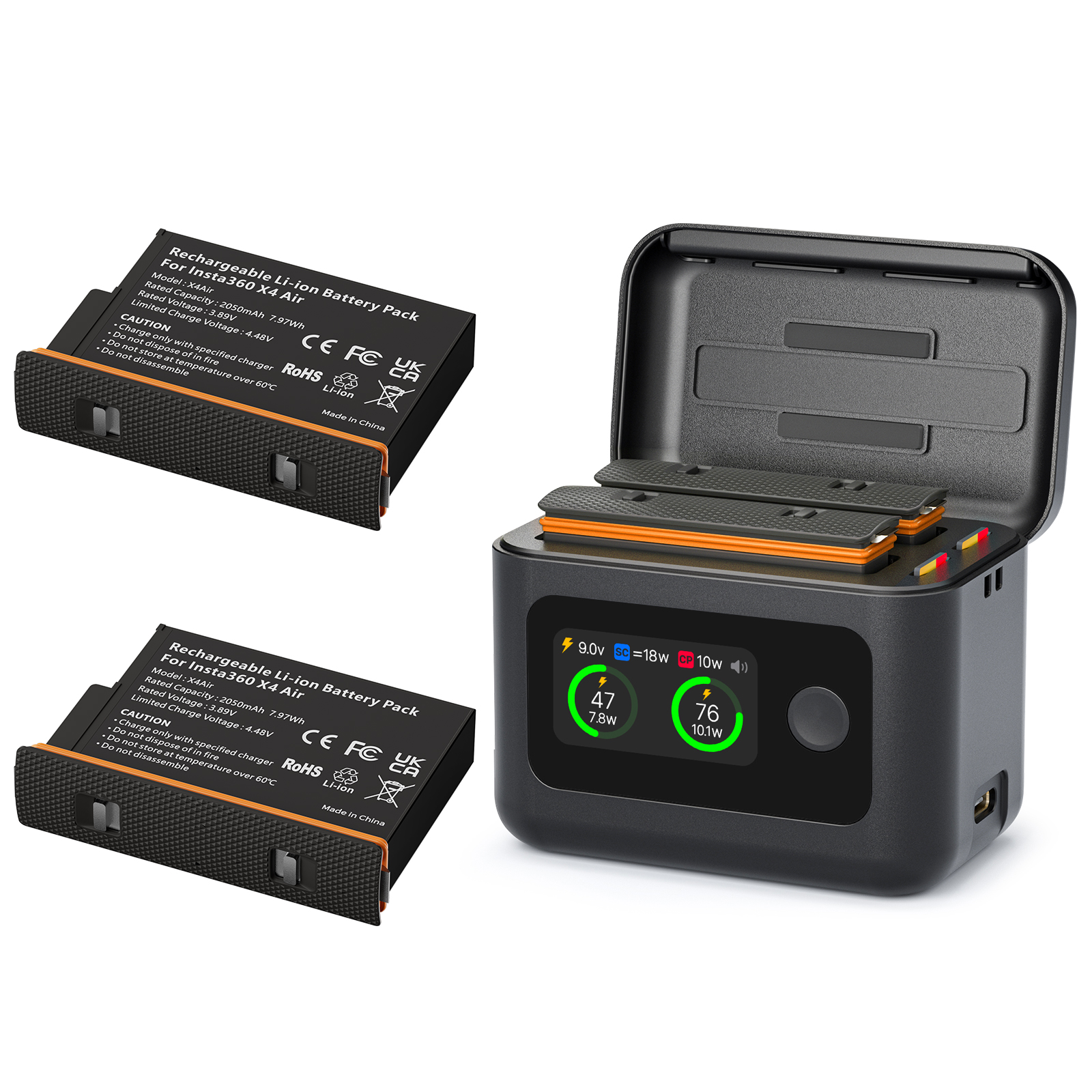 YATEOO X4 Air Batteries(2 Packs) with Fast Charge Hub 27W Dual Fast Charging Case w/LCD Display, Intelligent Two Way Charger Hub for Insta360 X4 Air,Shows Battery SOC