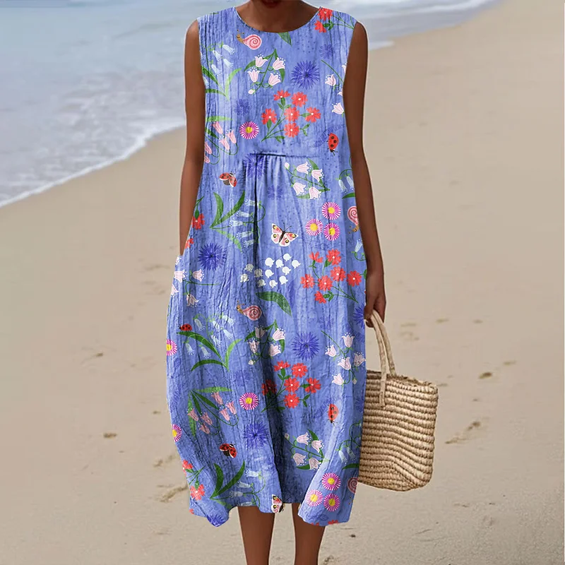 Damenkleid aus Baumwolle und Leinen mit abstraktem Print und Seitentaschen