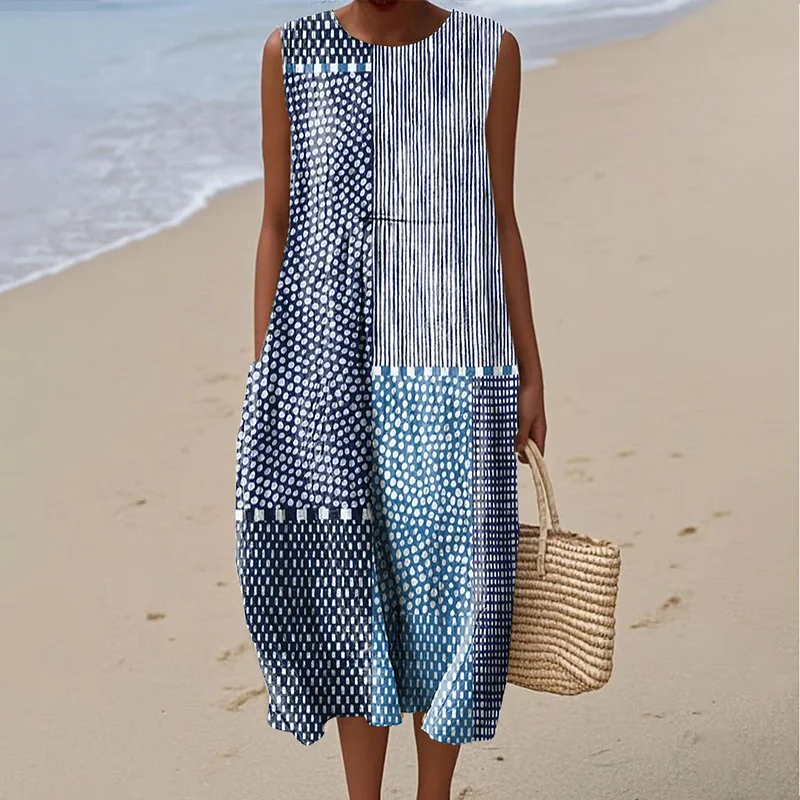 Damenkleid aus Baumwolle und Leinen mit abstraktem Print und Seitentaschen