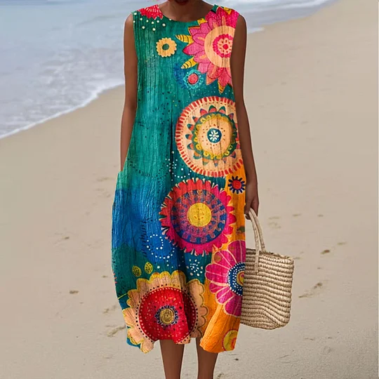 Damenkleid aus Baumwolle und Leinen mit abstraktem Print und Seitentaschen