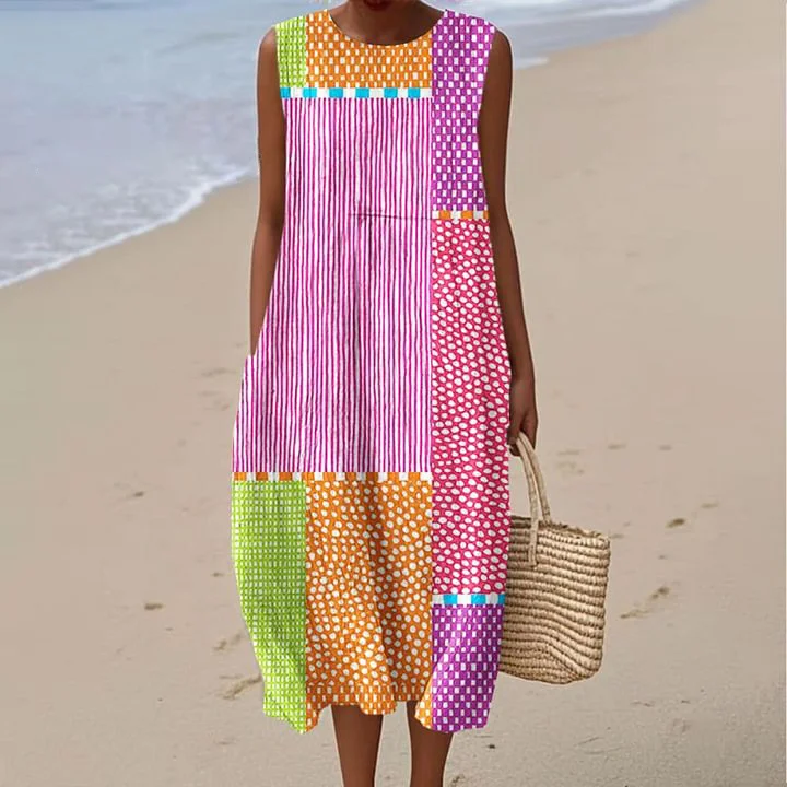 Damenkleid aus Baumwolle und Leinen mit abstraktem Print und Seitentaschen