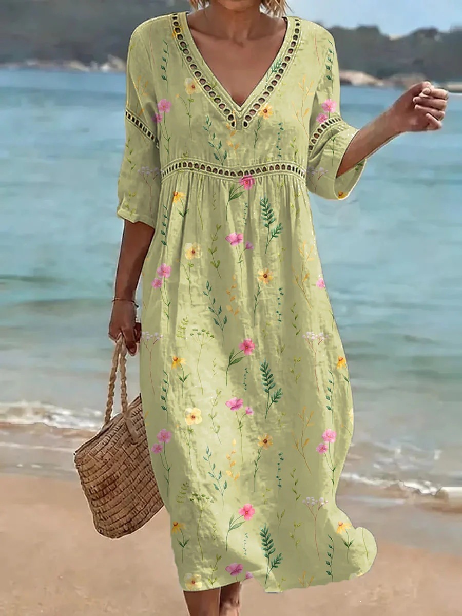 Damen-Komfort-Kleid aus Baumwolle-Leinen-Mix mit Print