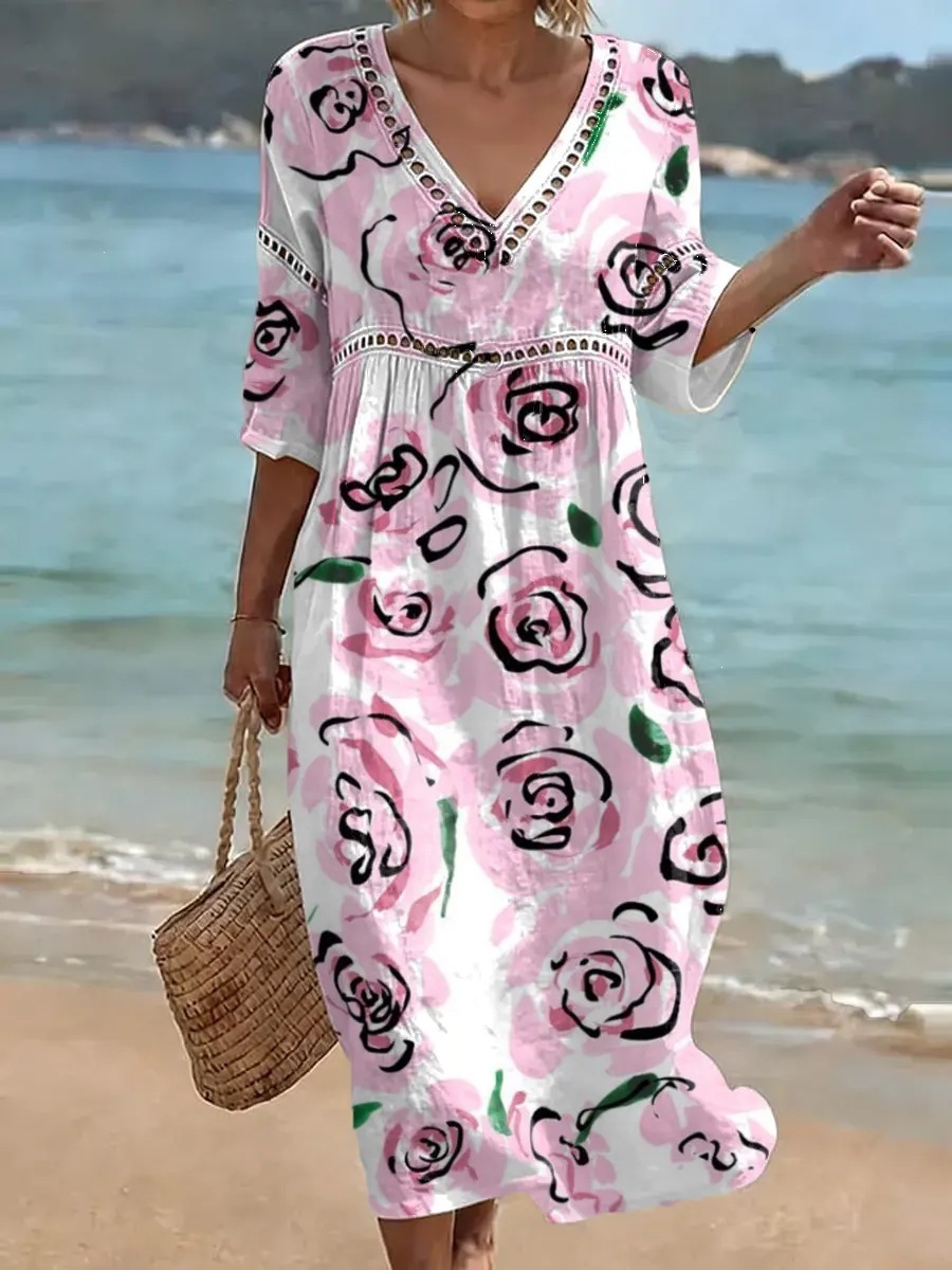 Damen-Komfort-Kleid aus Baumwolle-Leinen-Mix mit Print