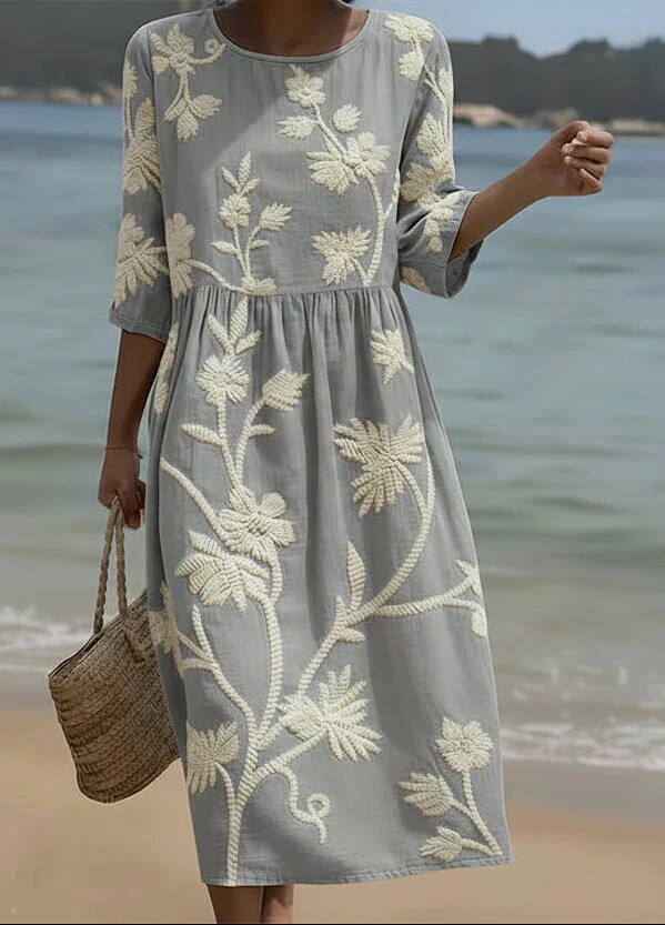 Amazon Cross-Border Best-Selling European And American Clothing Mid-Length Sleeve Side Pocket Round Neck Dress Seaside Vacation Loose Dress