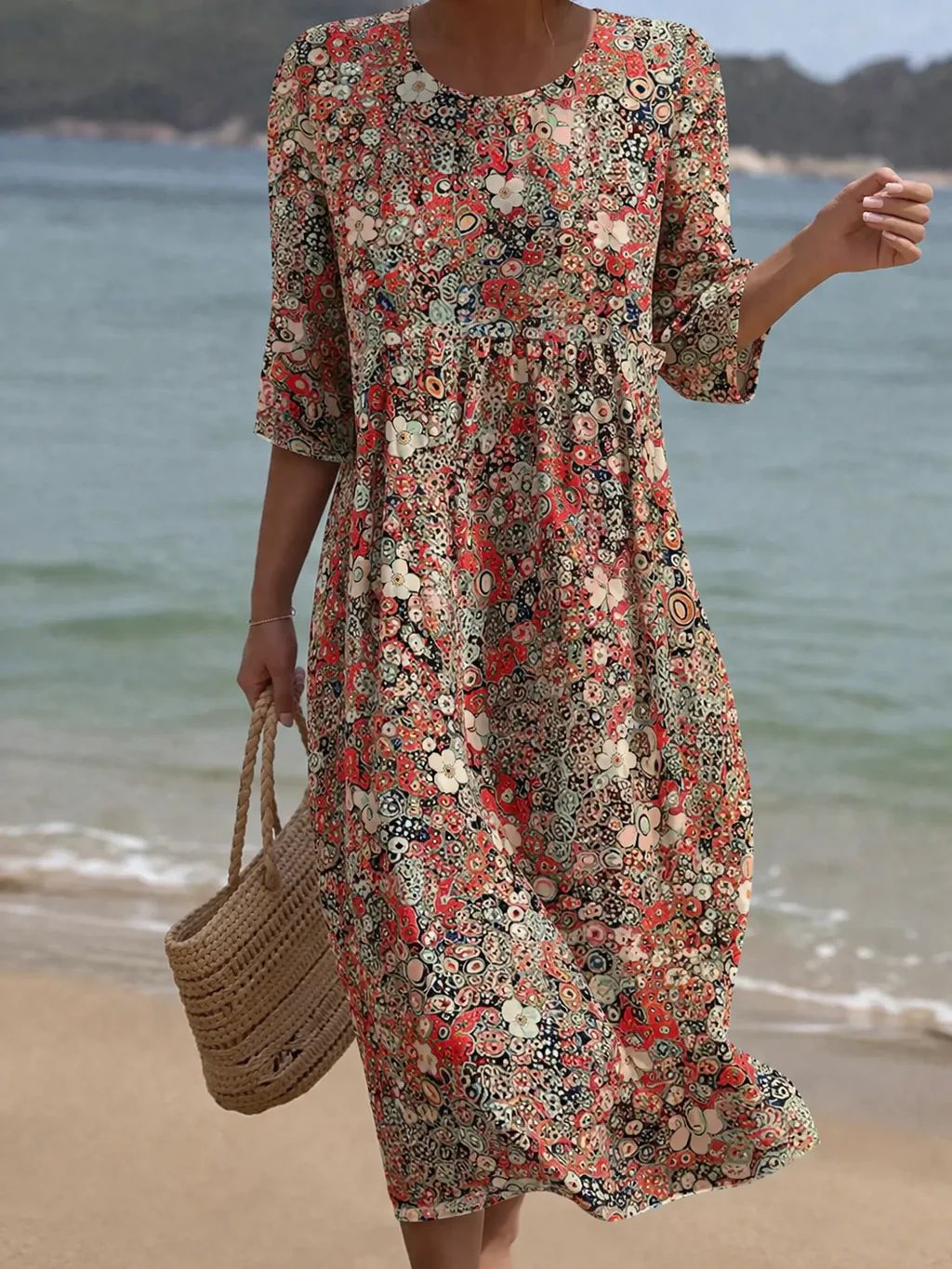Amazon Cross-Border Best-Selling European And American Clothing Mid-Length Sleeve Side Pocket Round Neck Dress Seaside Vacation Loose Dress