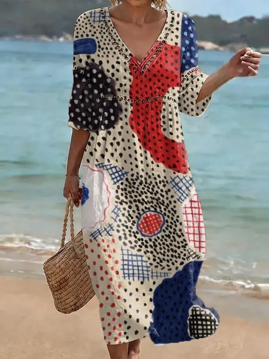 Damen-Komfort-Kleid aus Baumwolle-Leinen-Mix mit Print