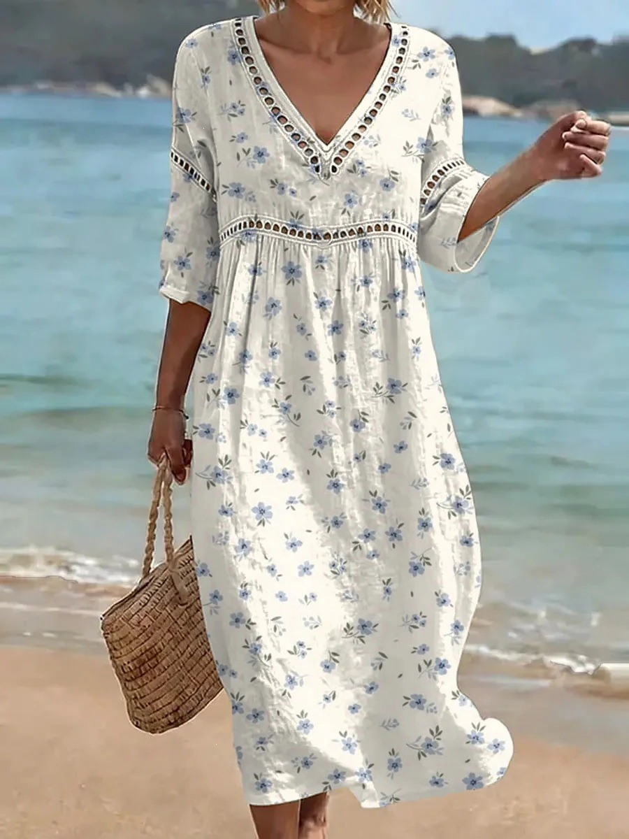 Damen-Komfort-Kleid aus Baumwolle-Leinen-Mix mit Print