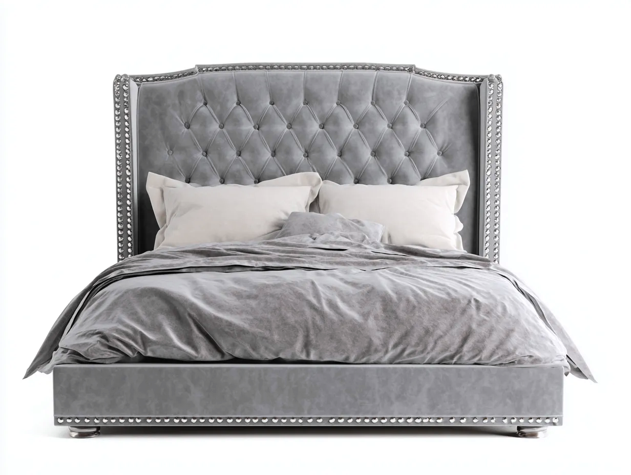 Letto matrimoniale - legno-velluto - 219x184x132 cm - grigio - stile classico-Kaviaaloft