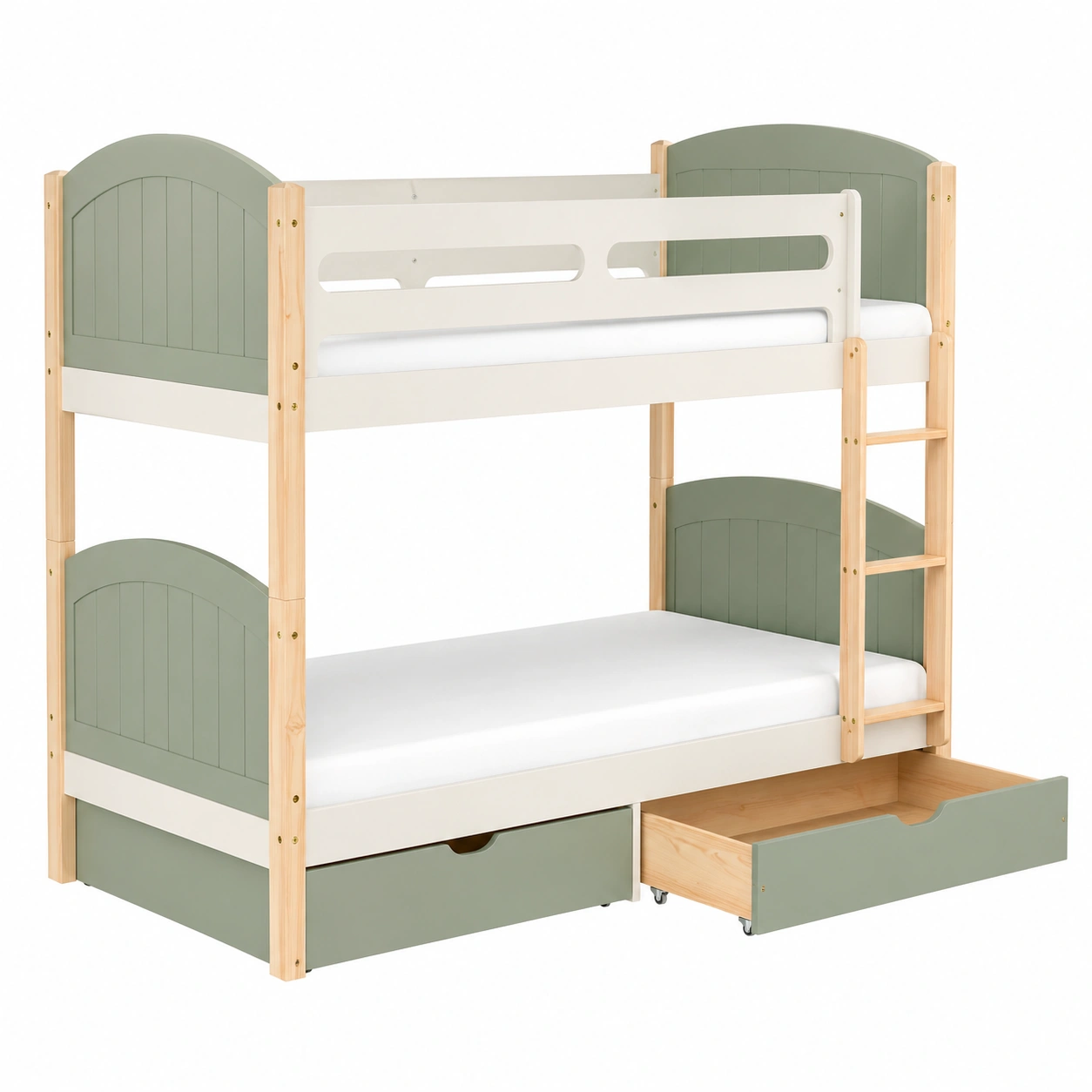 Litera moderna con cajones y escalera integrada 90 × 200 cm Verde salvia / blanco roto-cartdova