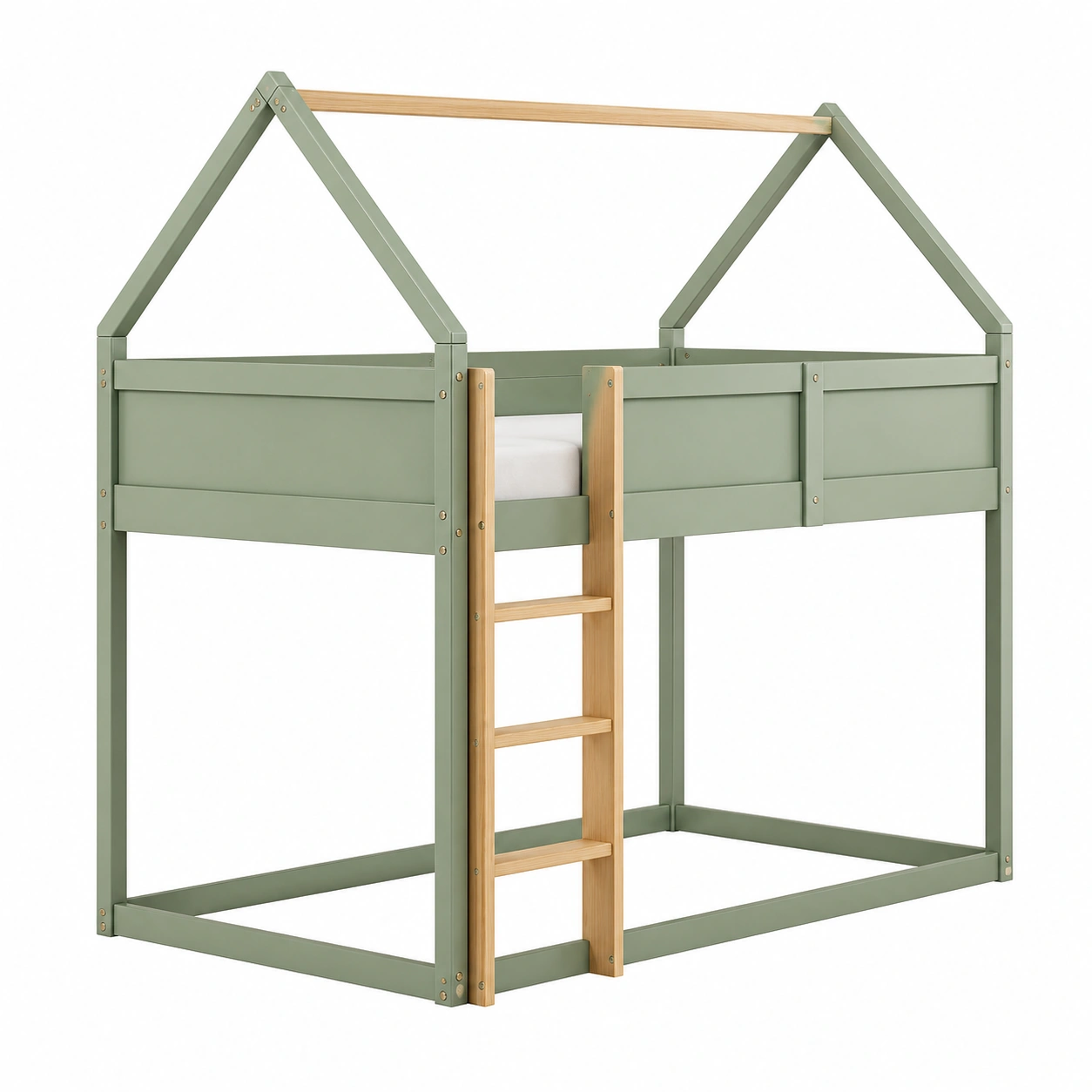 Cama Infantil Elevada Tipo Casa de Madera de Pino 90x200 cm Verde Oliva con Escalera-cartdova