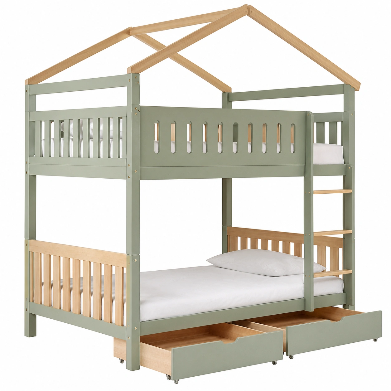 Litera infantil estilo casita con cajones almacenamiento 90x200 cm Verde oliva-cartdova