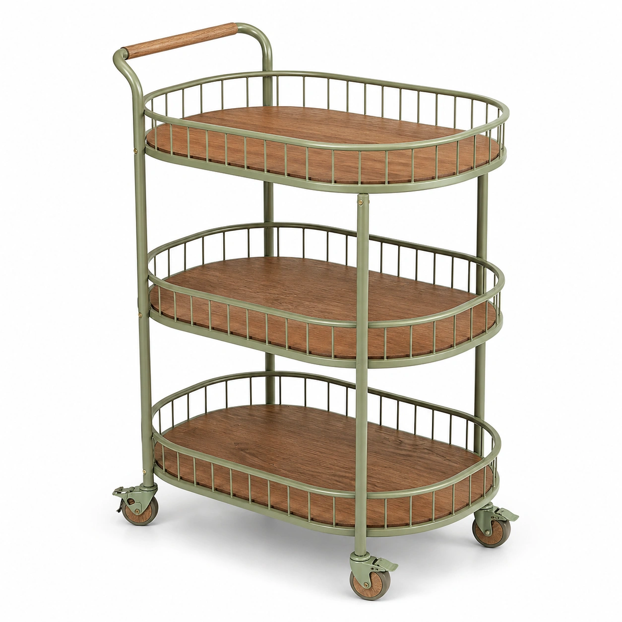 Carrito de cocina multifuncional con ruedas color verde oliva y madera natural-cartdova