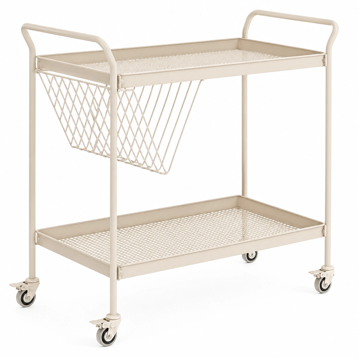 Carrito de cocina multifuncional con estantes y cesta metálica color beige moderno-cartdova