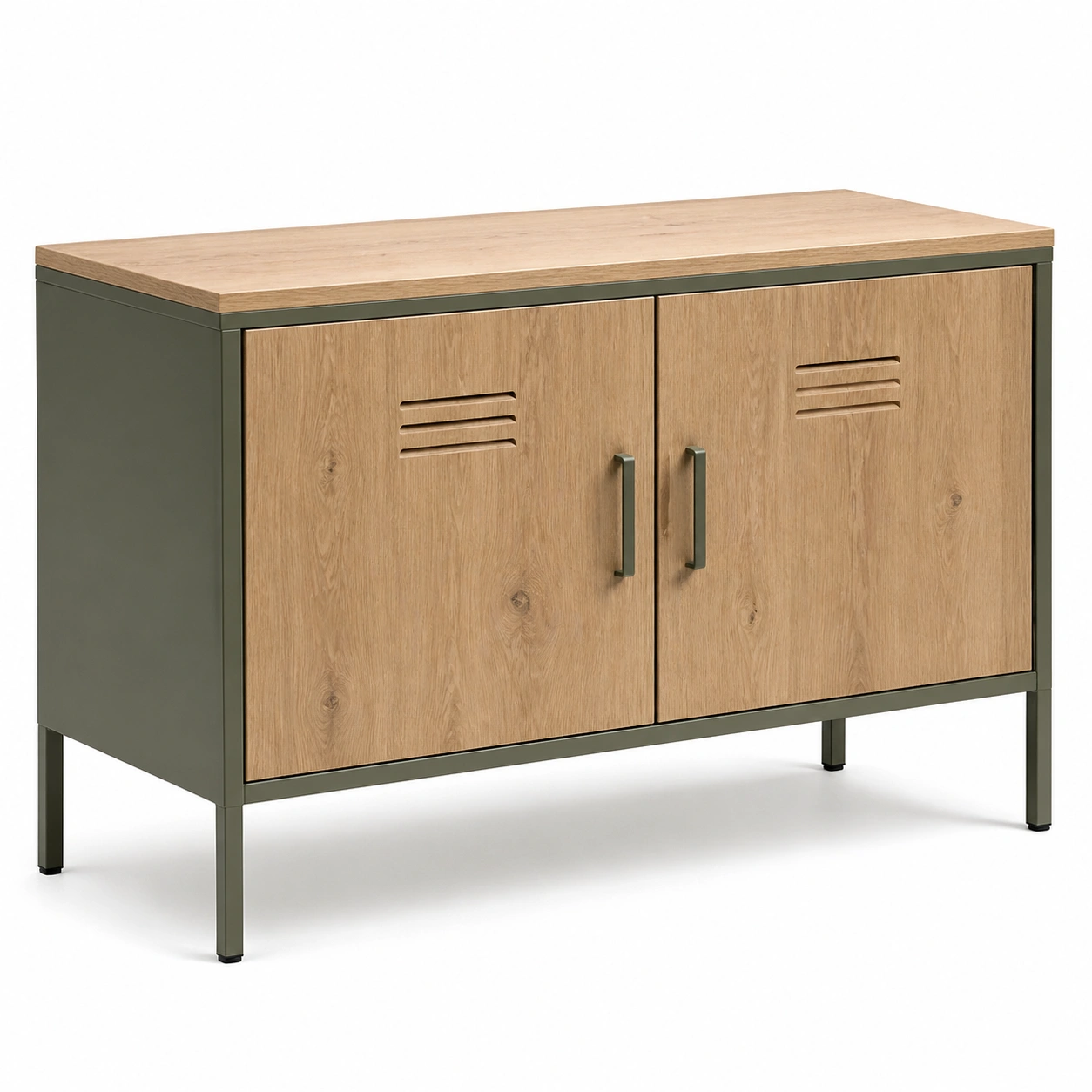 Aparador de oficina moderno con puertas dobles estilo roble natural y estructura metalica-cartdova