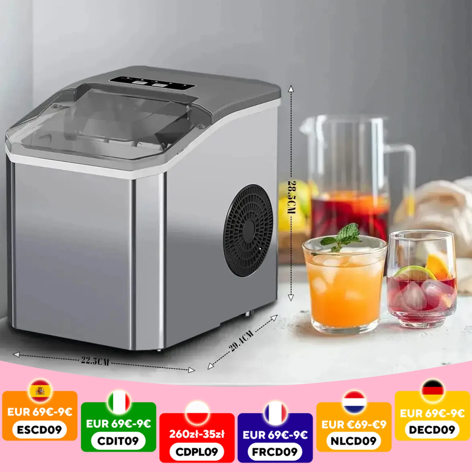 Elektrische Eiswürfelmaschine 220 V für Bar, Zuhause, Küche, Büro, zylindrische Eiswürfelmaschine mit Schaufel, automatische Mini-Eismaschine