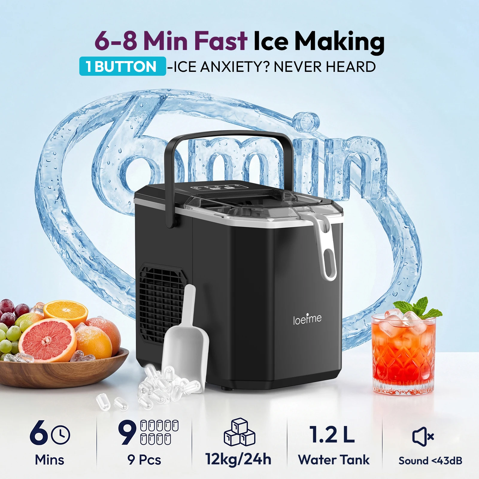 Loefme Portable Ice Maker Machine 12kg/24h | Bullet Ice | 6-8 Mins Fast | Auto-Cleaning | Grey | For Home Bar
